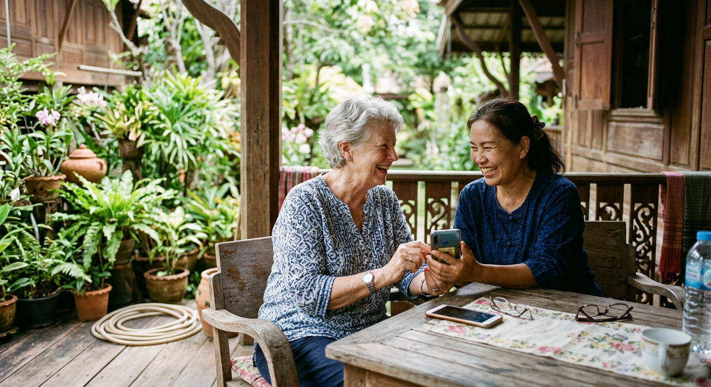 A TruSenior companion helping a retiree with her smartphone on a shaded veranda