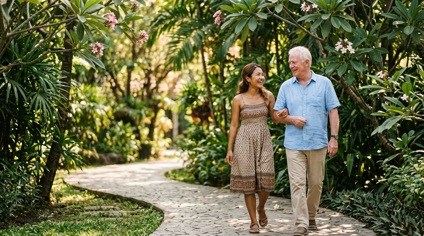 A smiling retiree walking arm-in-arm with his TruSenior companion through a tropical garden