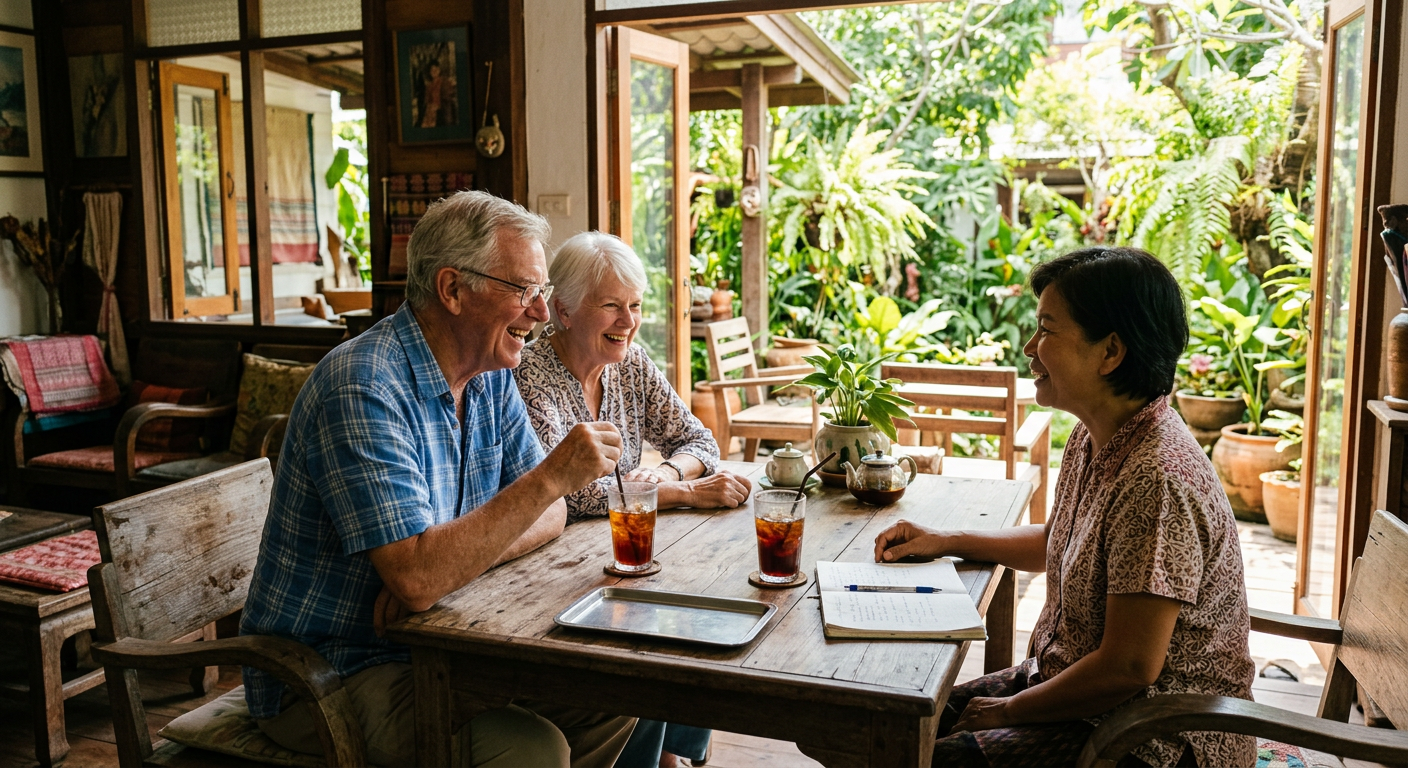 A retired couple chatting over iced tea with a TruSenior companion at home